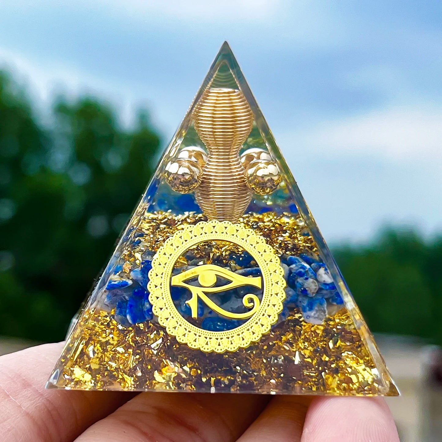 1PC Natural Lapis Lazuli Handcrafted Horus Eye Orgone Pyramid Decorative Ornament Ancient Egyptian Symbolism Home Decor