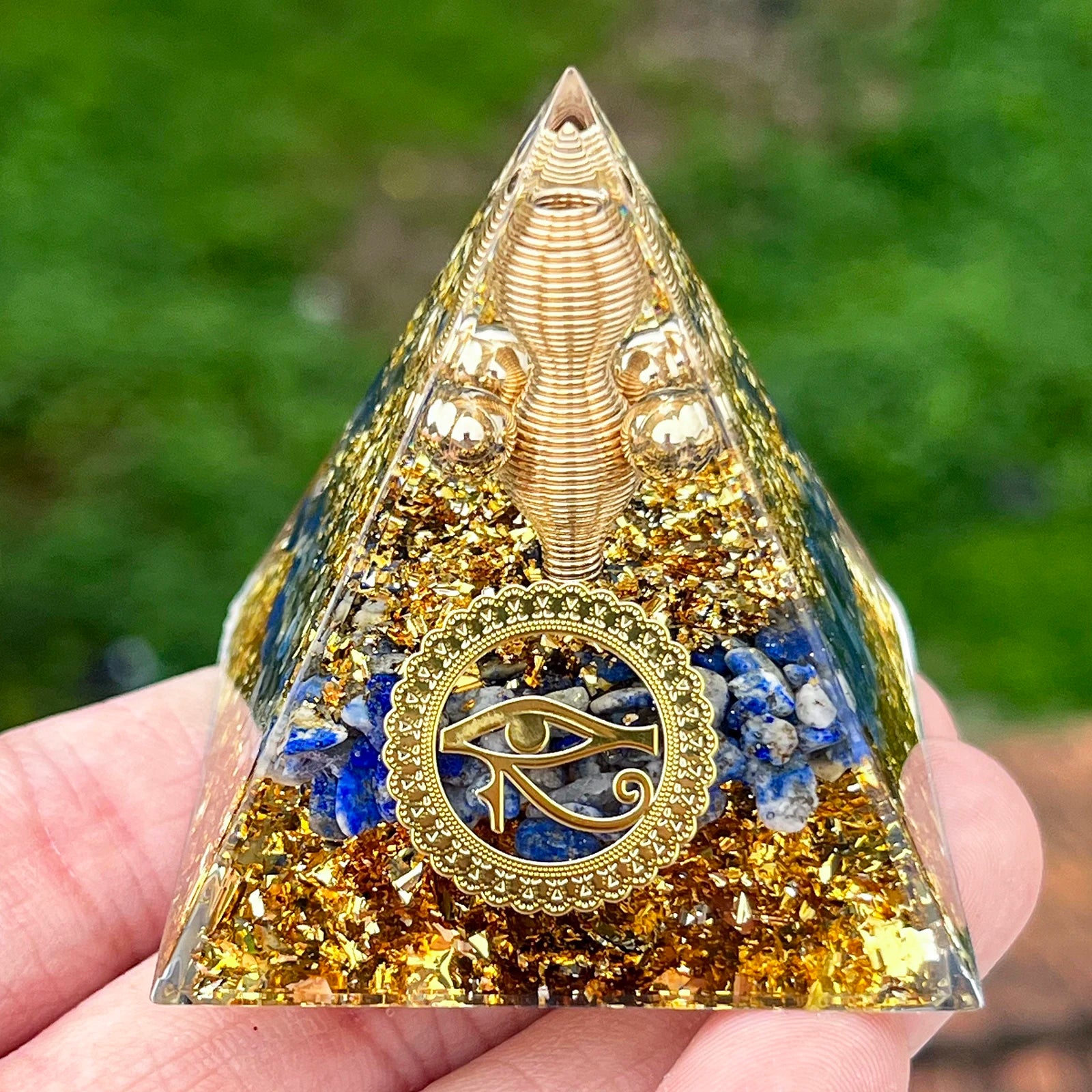 1PC Natural Lapis Lazuli Handcrafted Horus Eye Orgone Pyramid Decorative Ornament Ancient Egyptian Symbolism Home Decor