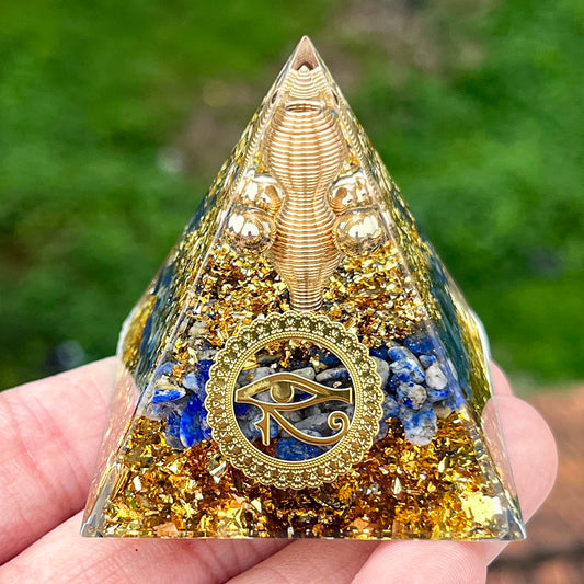 1PC Natural Lapis Lazuli Handcrafted Horus Eye Orgone Pyramid Decorative Ornament Ancient Egyptian Symbolism Home Decor