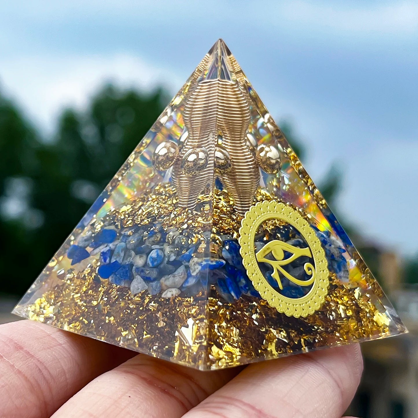 1PC Natural Lapis Lazuli Handcrafted Horus Eye Orgone Pyramid Decorative Ornament Ancient Egyptian Symbolism Home Decor