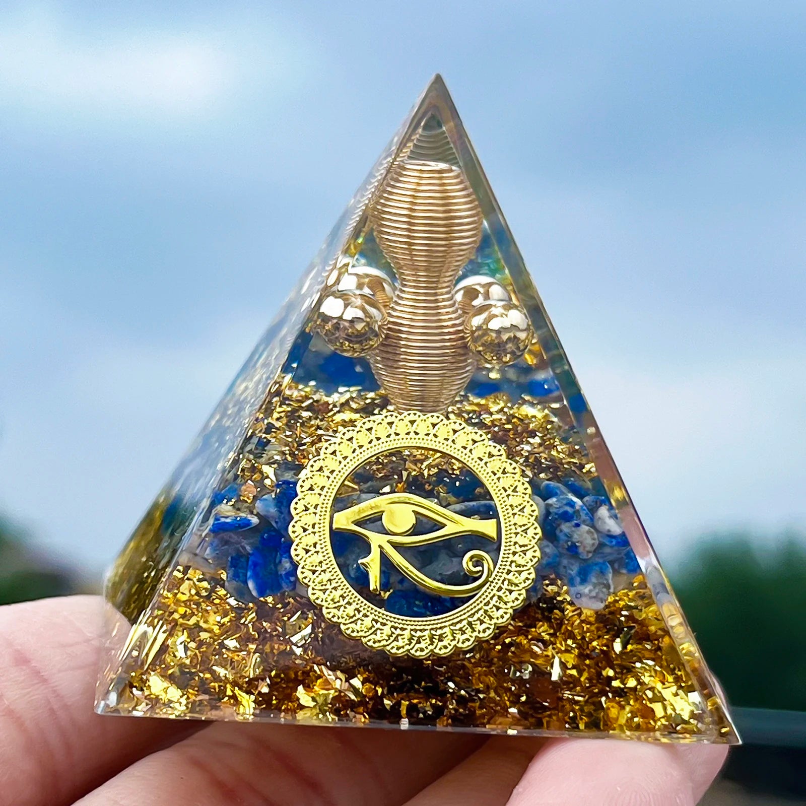 1PC Natural Lapis Lazuli Handcrafted Horus Eye Orgone Pyramid Decorative Ornament Ancient Egyptian Symbolism Home Decor